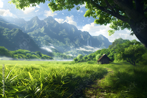 A serene journey into nature's heart: Lush green fields, towering mountains, and a clear serene sky