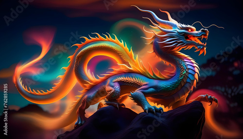 A detailed silhouette of a Chinese dragon with a colorful background of modern technology and weapons