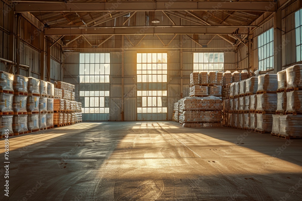 Clean and spacious agricultural warehouse interior during golden hour