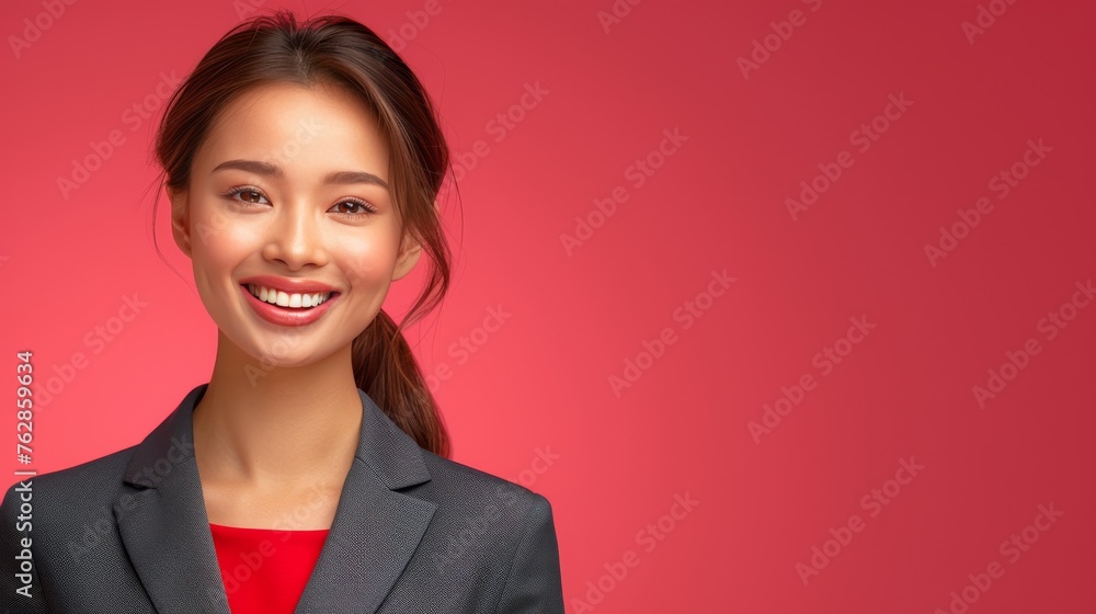 Asian business woman with long brown hair and a black jacket is smiling Asian business woman with long brown hair and a black jacket is smiling