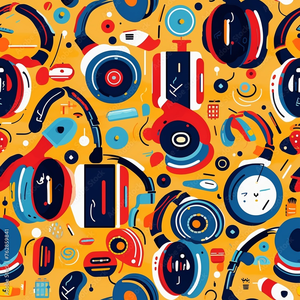 Classic headphones and digital soundscapes in a seamless vector pattern, celebrating auditory innovation