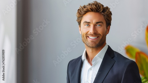 A businessman in a suit and tie is smiling and looking at the camera
