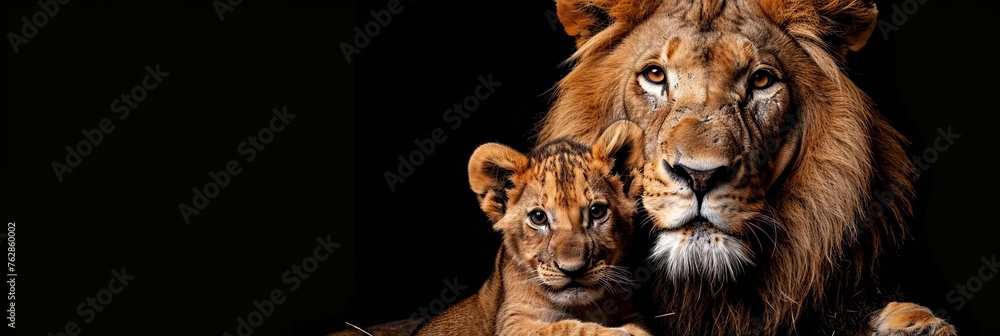 Male lion and cub portrait with empty space on the left for text, object on the right side Male lion and cub portrait with empty space on the left for text, object on the right side