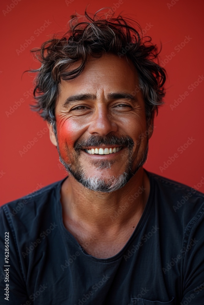 A man with a beard and mustache is smiling and wearing a black shirt A man with a beard and mustache is smiling and wearing a black shirt