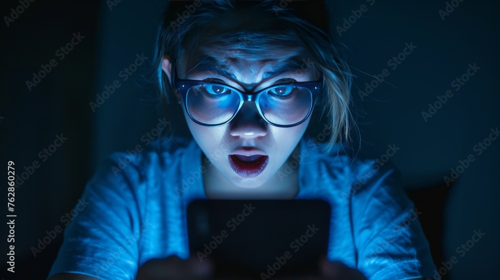 A woman with glasses is looking at a cell phone in a dark room