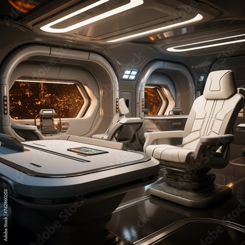 An interstellar spacecraft cabin, equipped with wireless charging docks for crew's gadgets, prepared for long voyages.