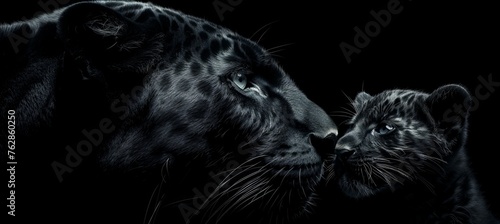 Panther and cub portrait with space for text on left side and object on the right