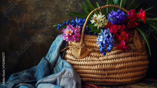 Beautiful straw bag with seasonal flowers of hyacinth and carnation blossom © terryyip
