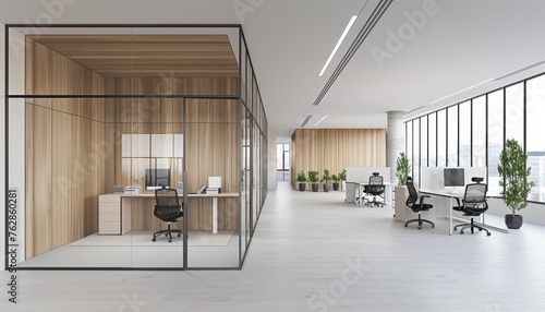 Contemporary office interior featuring elegant glass partition and sleek white flooring