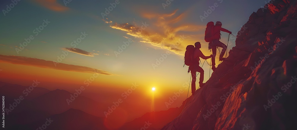 silhouette of a group of people helping each other to reach the top of a mountain in a sunset landscape silhouette of a group of people helping each other to reach the top of a mountain in a sunset landscape