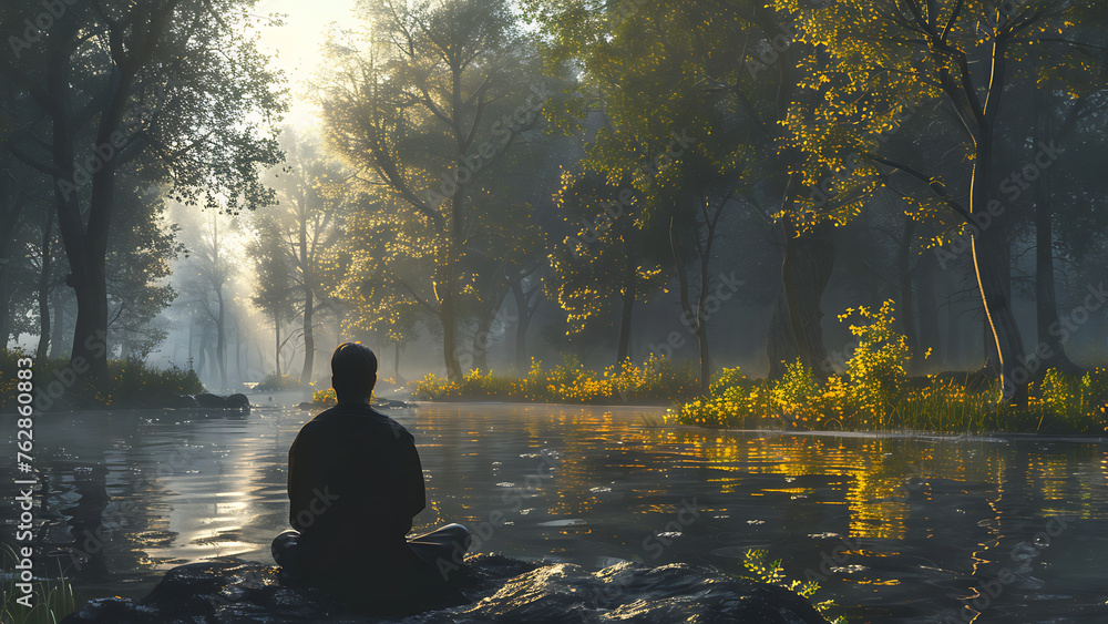 A young man practices yoga in a beautiful landscape overlooking the lake. Generative AI