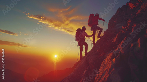 silhouette of a group of people helping each other to reach the top of a mountain in a sunset landscape
