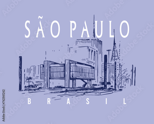 Colorful vector handmade illustration of cityscape of São Paulo city, Brazil. Stylized art in stripped lines, representing current times.