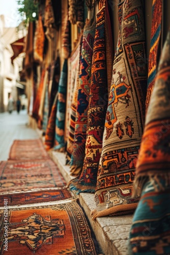 Rows of colorful rugs are lined up on the sidewalk. Generative AI.