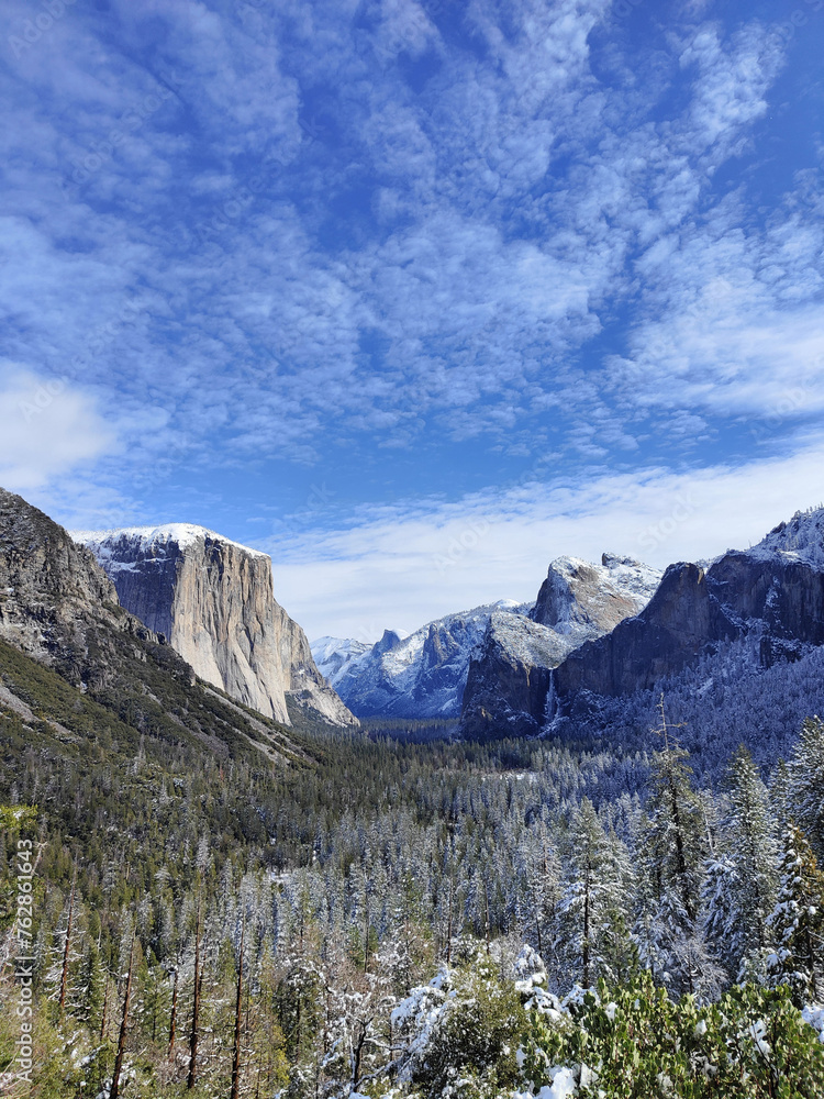 Winter's Majesty from Tunnel View: A Panoramic Vista of Snow-Clad Yosemite Mountain in the National Park of the United States