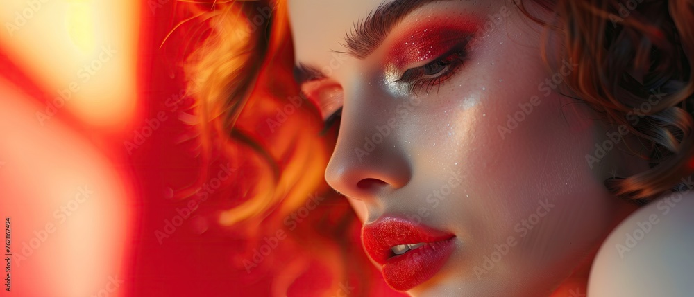 Fototapeta premium Fiery Beauty, portrait, woman, red, eyeshadow, glitter, close-up, intense, makeup, vibrant, warm, aesthetic, fashion, face, glowing, skin, cosmetics, shimmer, fiery, artistic, lips, elegance, bold