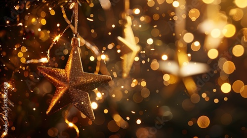 Golden Starlight Festivity, Christmas, golden, stars, tree, twinkling, lights, warm, festive, bokeh, decorations, hang, magical, array, sparkle, shimmering, ornaments, holiday, season, celebration