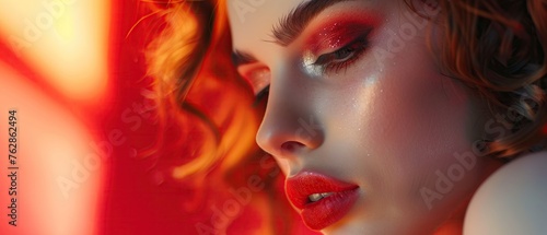Fiery Beauty  portrait  woman  red  eyeshadow  glitter  close-up  intense  makeup  vibrant  warm  aesthetic  fashion  face  glowing  skin  cosmetics  shimmer  fiery  artistic  lips  elegance  bold