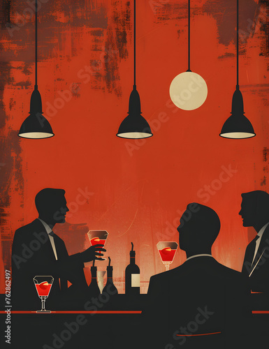 Three individuals are seated at the bar sipping cocktails. The setting is vibrant with shades of red, the art on the walls features striking fonts and lines