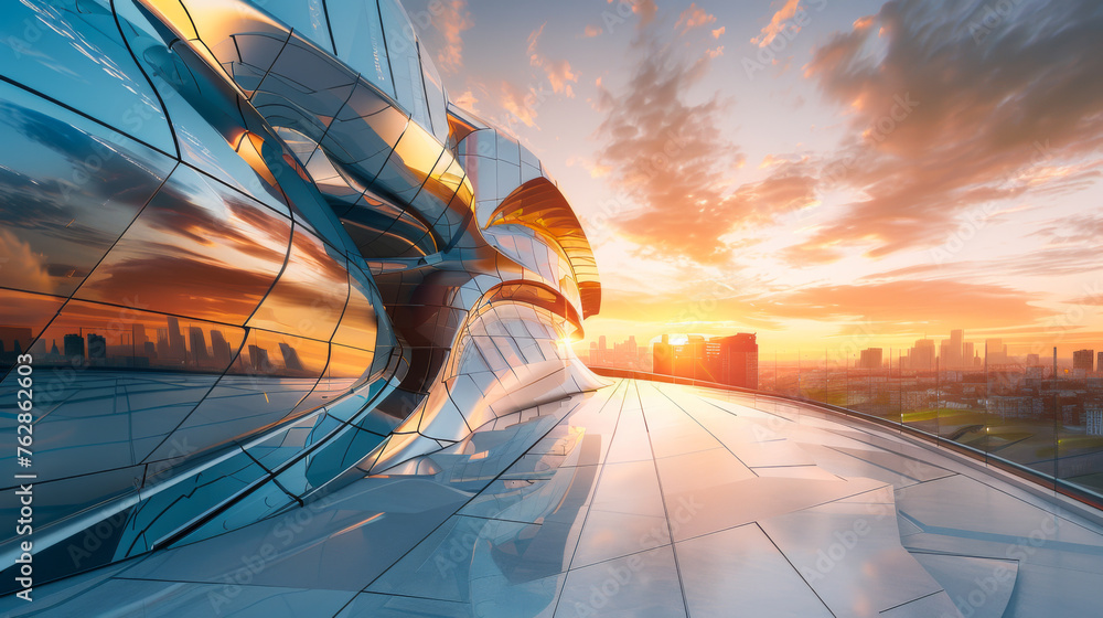 Panoramic view of futuristic curved shapes design metal facade office exterior with stunning sunrise city skyline. - obrazy, fototapety, plakaty 