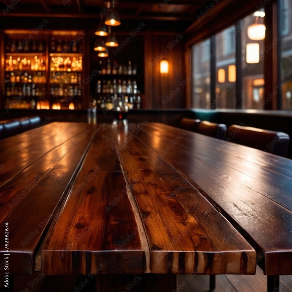 Blank empty wooden table in restaurant bar for product mockup photography