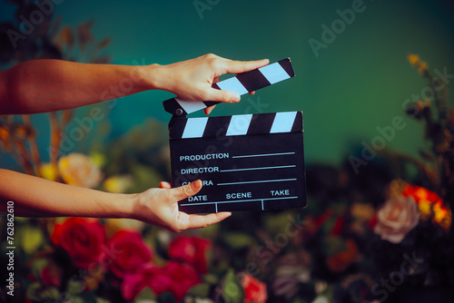 Director Holding a Film Slate on a Floral Background Set. Professional filmmaker producing a commercial using props 
 photo