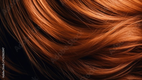 Brown hair close-up as a background. Women s long orange hair. Beautifully styled wavy shiny curls. Hair coloring bright shades. Hairdressing procedures  extension.