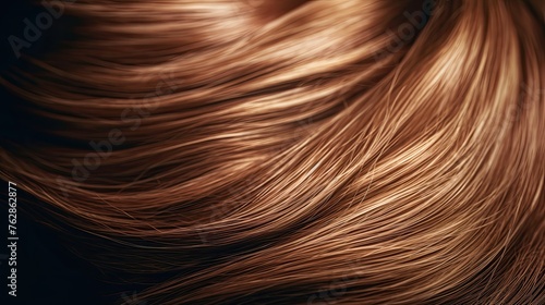 Brown hair close-up as a background. Women's long orange hair. Beautifully styled wavy shiny curls. Hair coloring bright shades. Hairdressing procedures, extension.