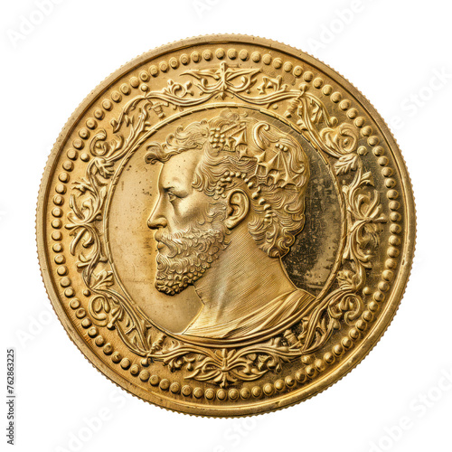 Ancient Gold Coin with Man Silhouette. Antique Golden Coin isolated on transparent background