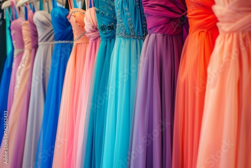 Colorful dresses on hangers in a store display © InfiniteStudio