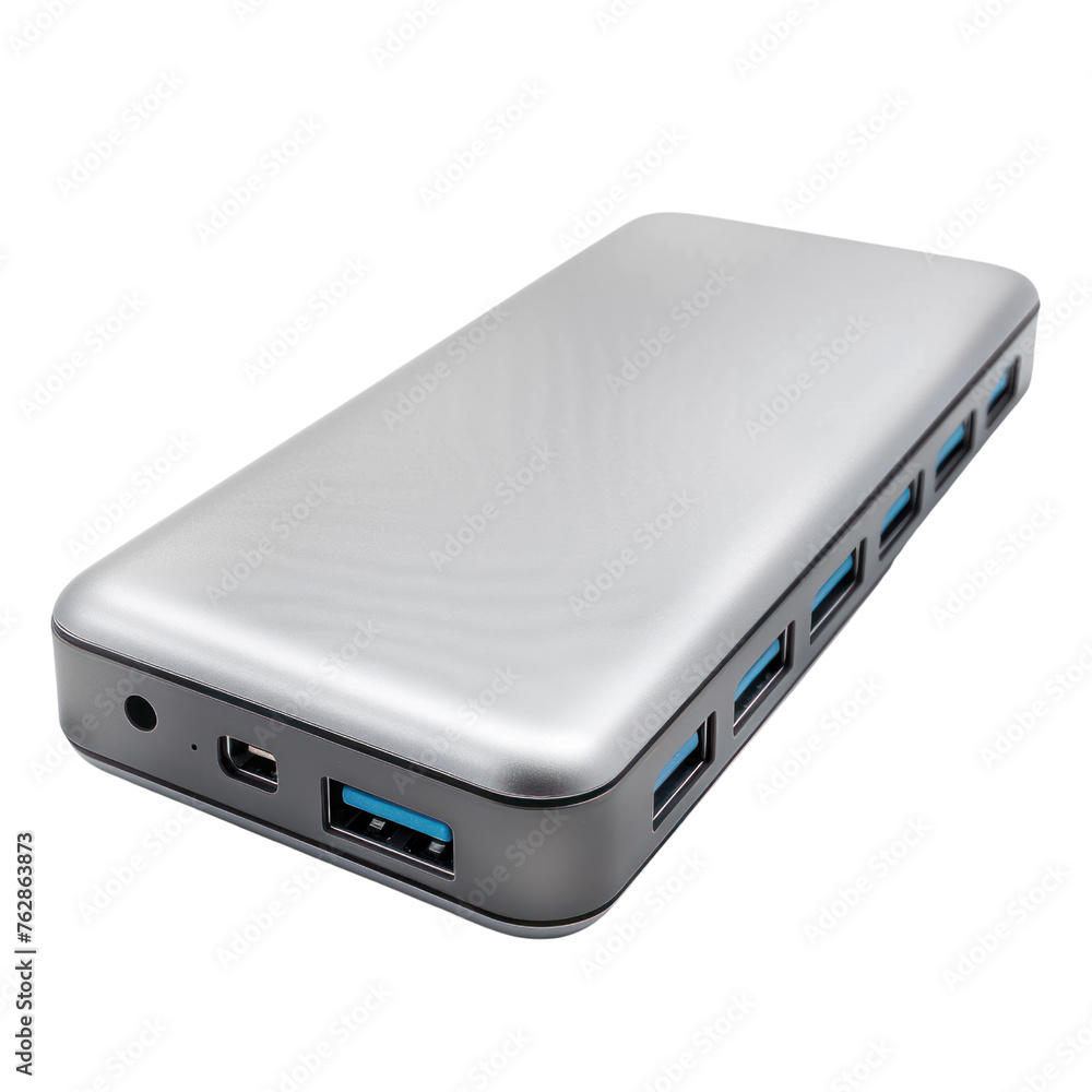 A portable power bank with multiple charging ports isolated on transparent background A portable power bank with multiple charging ports isolated on transparent background