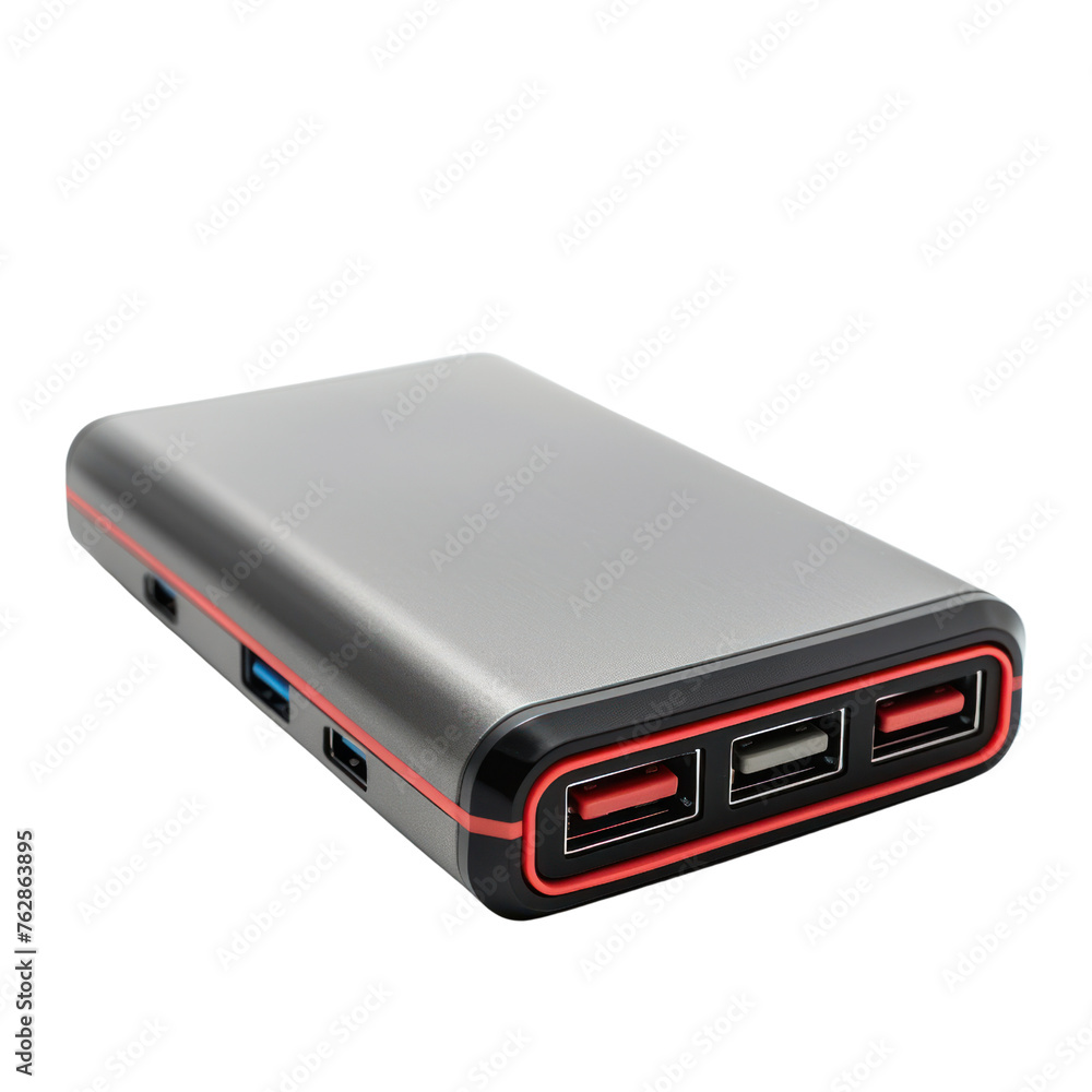A portable power bank with multiple charging ports isolated on transparent background A portable power bank with multiple charging ports isolated on transparent background