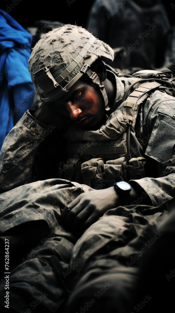 Soldier Resting in Military Gear
Soldier Resting in Military Gear