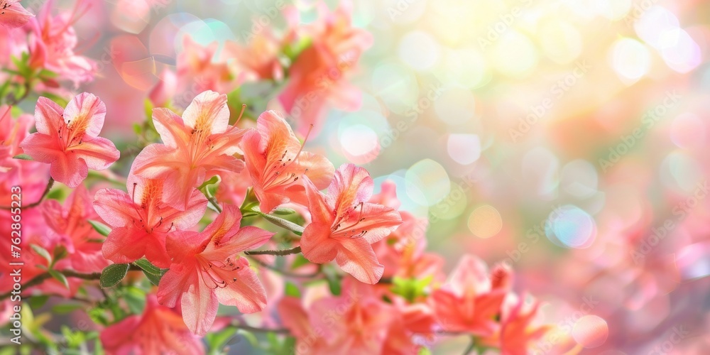 Cluster of pink azalea flowers illuminated by a soft, bokeh light, symbolizing springtime freshness.