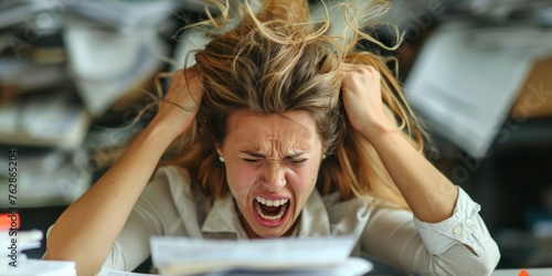 Overwhelmed young woman clutching her head in frustration among stacks of paperwork in an office.