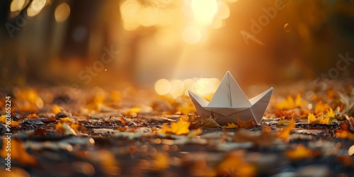 A single paper boat rests on a path blanketed with golden autumn leaves at sunset.