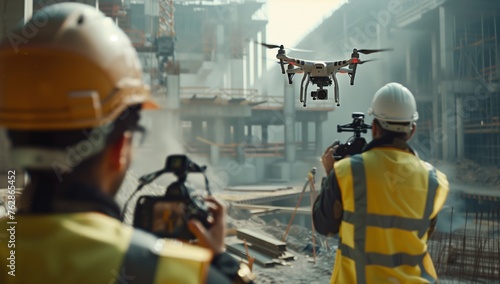 A man is capturing an engineering event with a drone flying over a construction site. He is wearing personal protective equipment, including a helmet, near a water vehicle. The machine is on the job