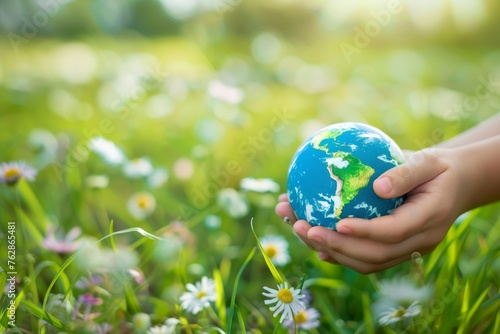 Child's hands holding earth globe over green plants background