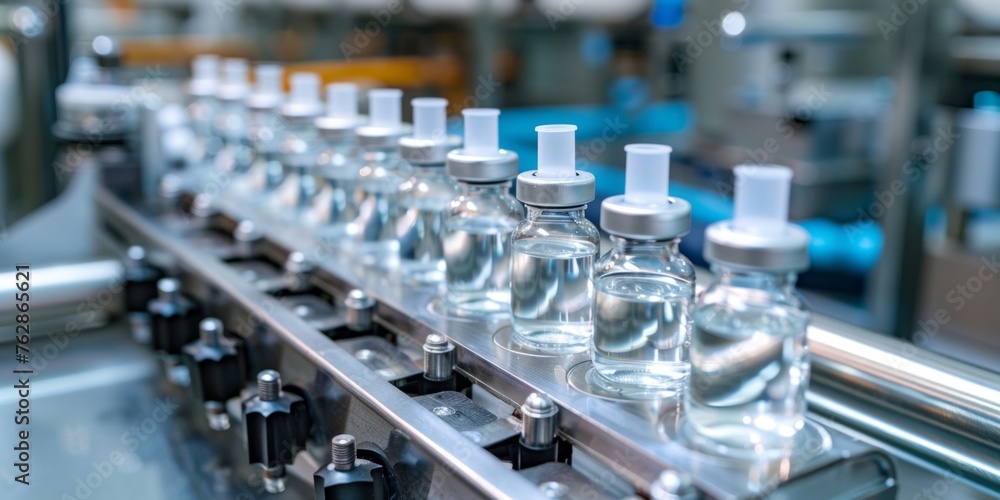 Pharmaceutical vials on a production line in a modern manufacturing facility with high precision. Pharmaceutical vials on a production line in a modern manufacturing facility with high precision.