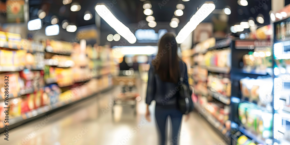 blurred background of a supermarket with a woman walking in the foreground, generative AI