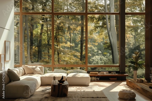 A cozy living room with hardwood flooring, a couch by the window, and tints of green from the trees outside creating a comfortable and shady atmosphere © RichWolf