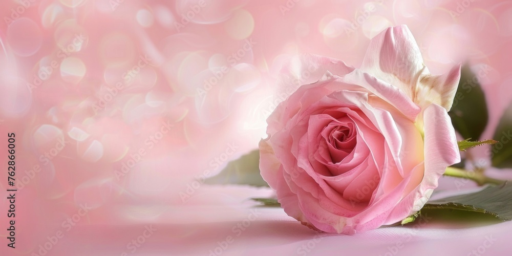 A single pink rose lies against a dreamy, soft-focus bokeh backdrop in a romantic setting. A single pink rose lies against a dreamy, soft-focus bokeh backdrop in a romantic setting.