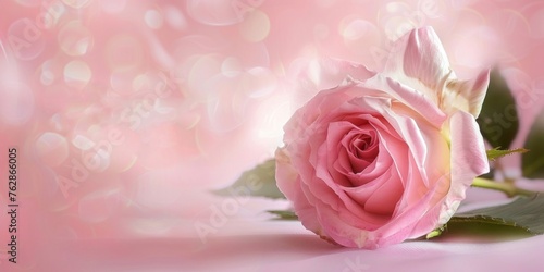 A single pink rose lies against a dreamy  soft-focus bokeh backdrop in a romantic setting.