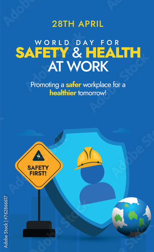 World Day for Safety and Health at Work. 28th April World day for safety and health at work celebration and awareness story post to promote workers, staff members health and safety. Workers rights.