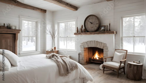 cozy bedroom with rustic decor  white  bright  fireplace  wood accents  elegant  luxury  comfortable