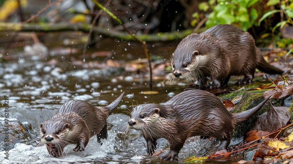 A family of otters sliding down a riverbank into the water, their playful antics bringing joy to all who watch A family of otters sliding down a riverbank into the water, their playful antics bringing joy to all who watch