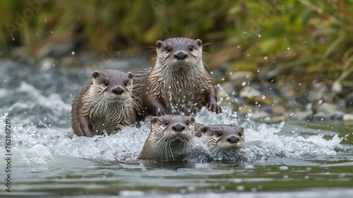 A family of otters sliding down a riverbank into the water, their playful antics bringing joy to all who watch