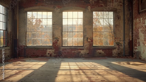 Sunlight streaming through large windows in an empty textile mill
