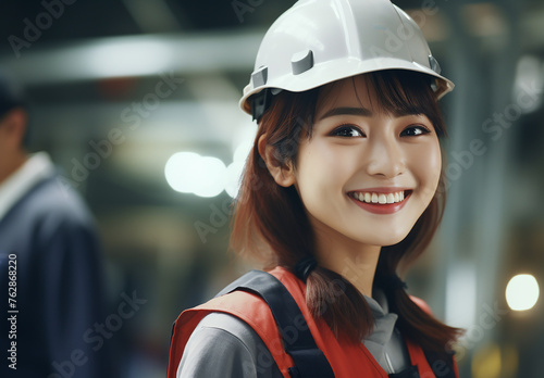 工場の機械の中で働く作業服姿の若いアジア人女性（メカニック・工事・倉庫・建築・建設・点検・製造） 