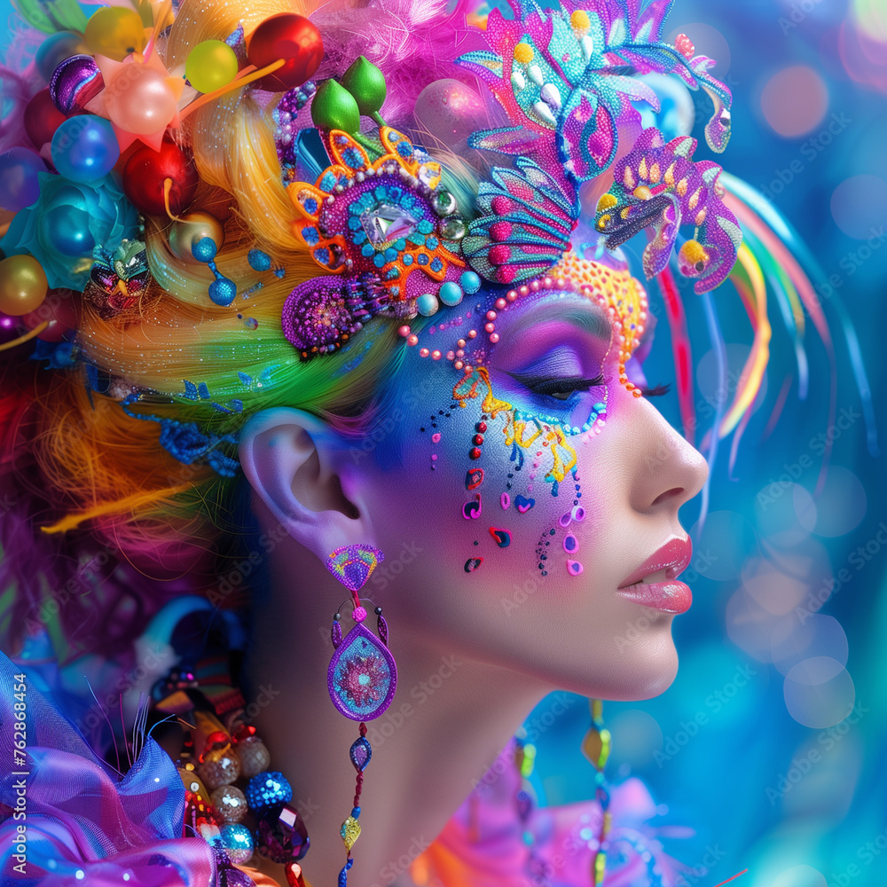 International Color Day, Carnival makeup look, Colorful headdress woman, Festival beauty portrait, Vibrant costume makeup, Exotic feather headdress, Festive face paint, Rainbow hair woman, Masquerade 